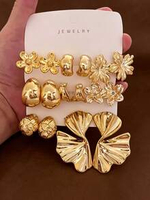4/16pcs Women's Luxury Fashion Gold Metallic Earring Set, Flower, Left And Right Ear Flower, Plain C-Hoop Series Earrings, Made Of ABS Resin Material With High Color Retention Gold Plating, Resistant To Fading, Low Allergy, Suitable For Daily Commute, Dating, Vacation, Holiday Gift - Gold - View 2
