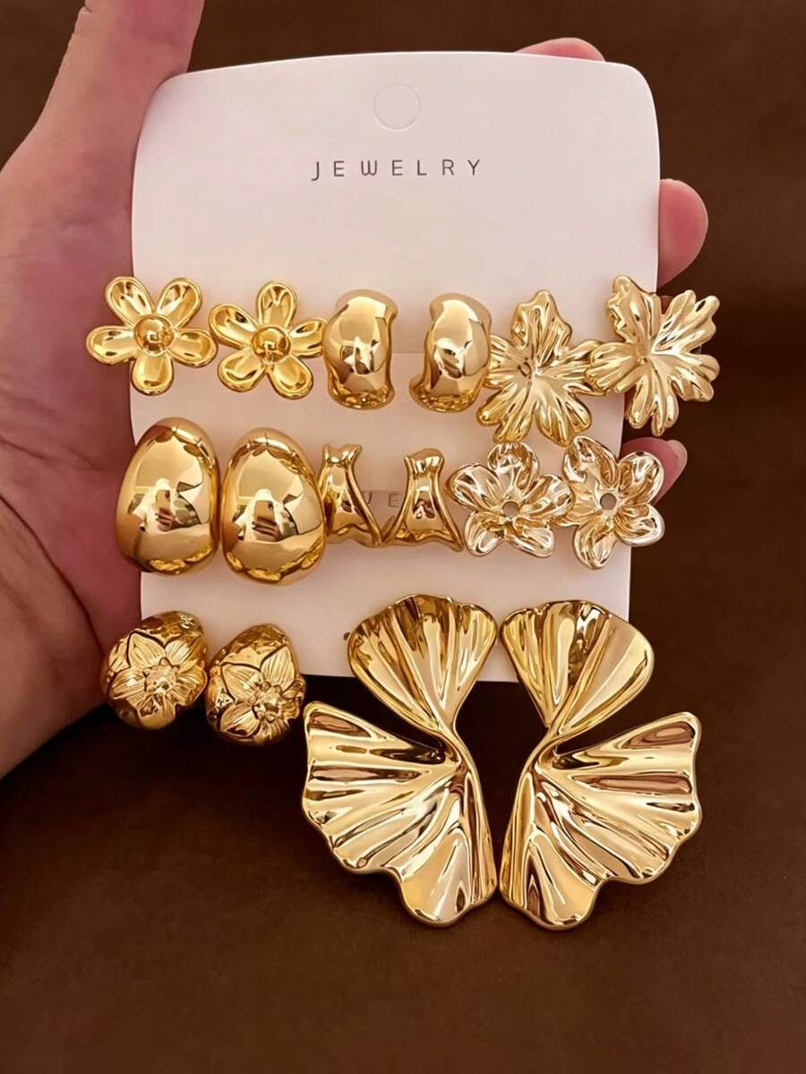 4/16pcs Women's Luxury Fashion Gold Metallic Earring Set, Flower, Left And Right Ear Flower, Plain C-Hoop Series Earrings, Made Of ABS Resin Material With High Color Retention Gold Plating, Resistant To Fading, Low Allergy, Suitable For Daily Commute, Dating, Vacation, Holiday Gift