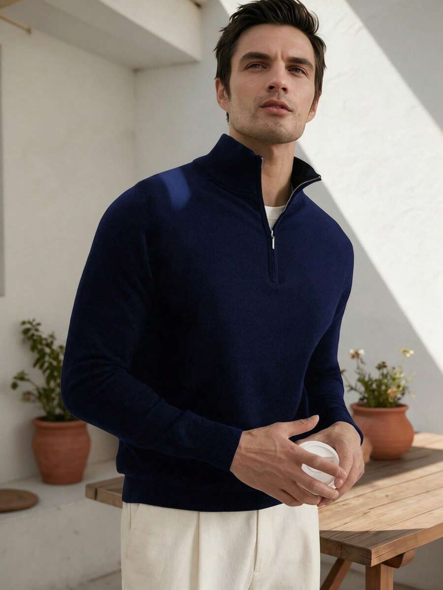 ALTZTAR Men's Loose Fit Lightweight Zip-Up Long Sleeve Knit Cardigan, Minimalist & Fashionable - Navy Blue - View 1