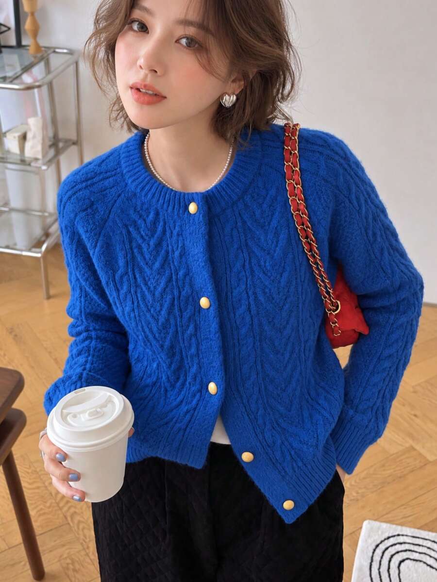 Women's Autumn/Winter Minimalist Casual Home Cable Knit Round Neck Cardigan Jacket - Blue - View 1