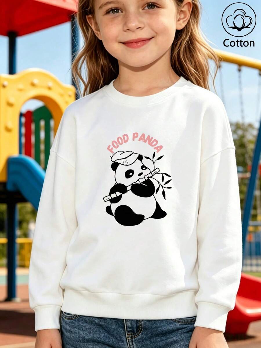 Girls' Cute Printed Drop-Shoulder Round-Neck Long-Sleeve Casual Sports Sweatshirt - White - View 1