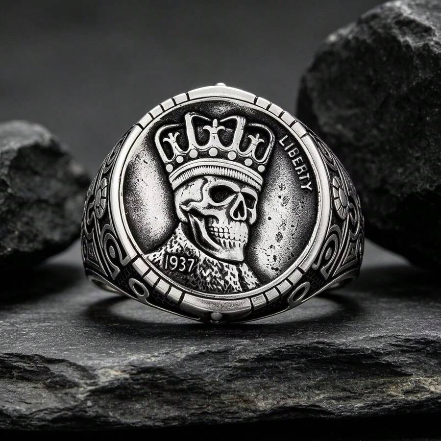 Heavy Craft Crown 1937 Skull Embossed Carved Ring, Vintage Distressed Silver Texture Gothic Style Men's Street Party Finger Ring Jewelry, Halloween Gift - Antique Silver - View 1