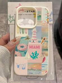 1pc White Matte Minimalist Lens Protection Beach Lighthouse & Coconut Tree Pattern Phone Case Personalized Compatible With IPhone 16 Pro Max/18/17/16/15/14 Plus/13/12/11 Protective Shell Air Compatible With Samsung Series - Multicolor - View 4