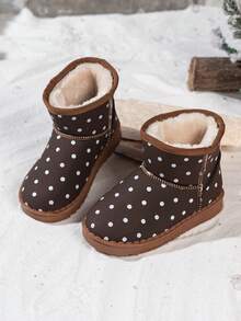 1 Pair Kids Snow Boots, Polka Dot Fashion Winter Thermal Lined Warm Slip-On Easy On & Off - Brown - View 1