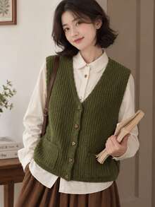 Women's Retro Minimalist Casual Single-Breasted Knit Vest, Autumn/Winter Fall - Green - View 1