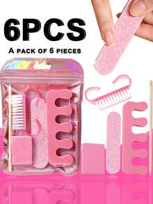 Bộ 6 món dụng cụ làm móng, bộ làm nail nghệ thuật di động gồm dũa móng, miếng đệm mút, kẹp tách ngón chân, bàn chải làm sạch móng, que đẩy da gỗ, dụng cụ chăm sóc móng chuyên nghiệp cho làm nail DIY, dùng tại nhà và du lịch - Hồng - Xem 1