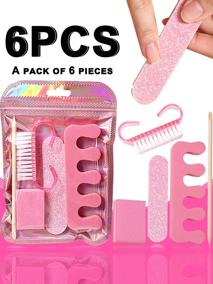 Bộ 6 món dụng cụ làm móng, bộ làm nail nghệ thuật di động gồm dũa móng, miếng đệm mút, kẹp tách ngón chân, bàn chải làm sạch móng, que đẩy da gỗ, dụng cụ chăm sóc móng chuyên nghiệp cho làm nail DIY, dùng tại nhà và du lịch - Hồng - Xem 1