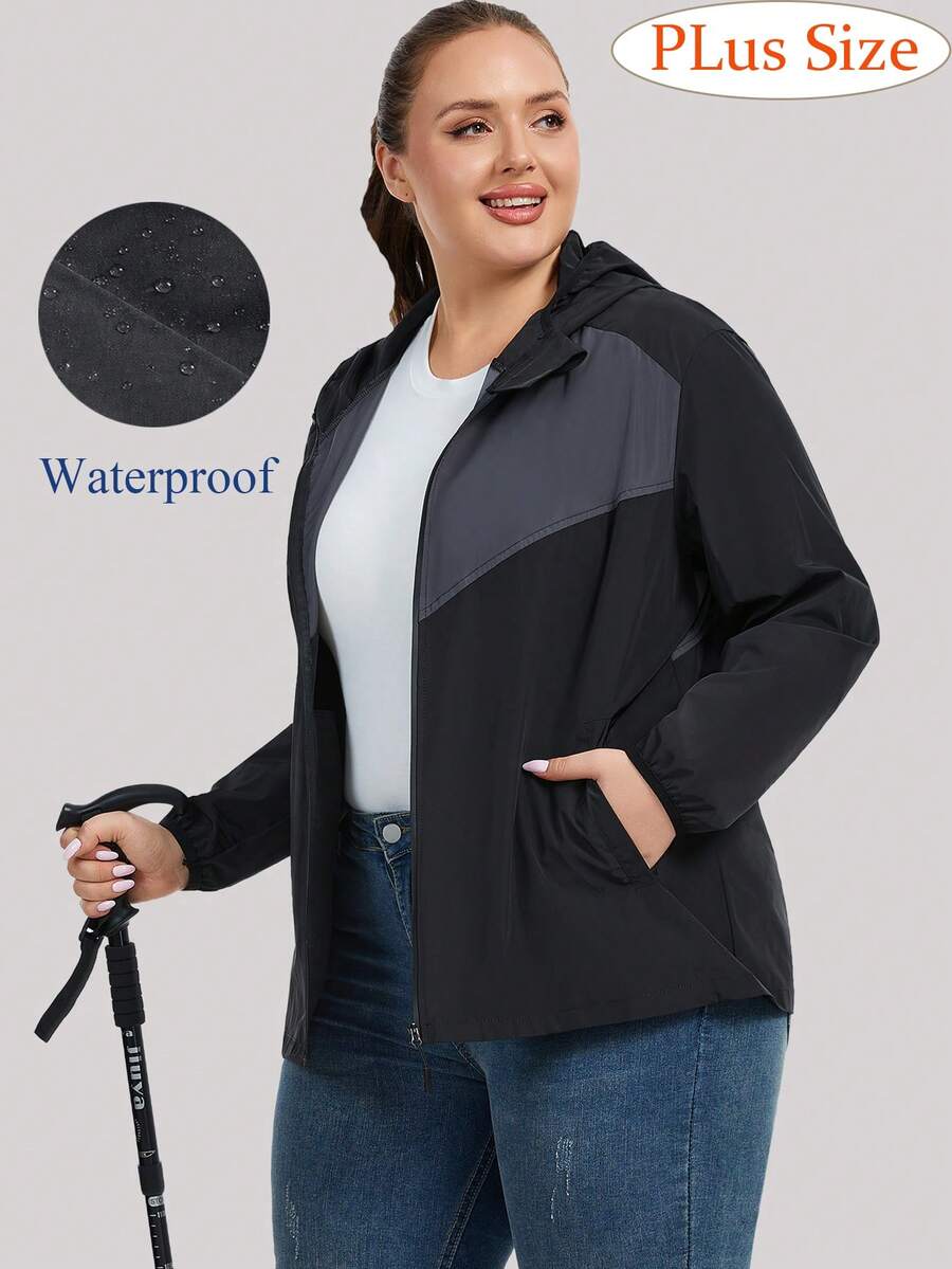 1pc Plus Size Women's Waterproof Raincoat With Hood Outdoor Windproof Windbreaker - Black - View 1