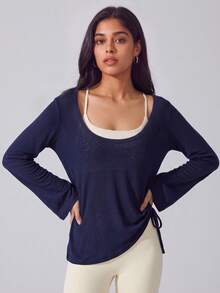 VUTRU Women's Loose Long Sleeve Sports T-Shirt Cover-Up, Lightweight U-Neck Drawstring Top For Pilates And Ballet - Navy Blue - View 3
