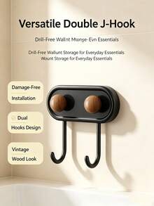 Self-Adhesive Wall Hook, Drill-Free Double J-Shaped Double Hook, Vintage Wooden Ball Multi-Function Storage Hook, Suitable For Bathroom, Kitchen, Entryway Wall Hook/Self-Adhesive Hook Self-Adhesive Hook Multi-Function Storage Hook - View 7