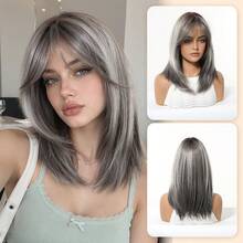 16 Inch Women's Short Burgundy/Gradient Gray Layered Clavicle Length Wig, Natural Straight Look Heat-Resistant Fiber, Breathable Rose Net Cap, Suitable For Daily Wear, Commuting, Party, Date, Fashion Head Accessory - Multicolor - View 12