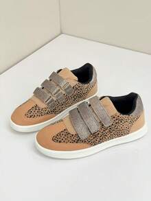 Leopard Print Patchwork Fashion Hook & Loop Skate Shoes For Boys & Girls, Comfortable Versatile Student Sneakers - Mocha Brown - View 7