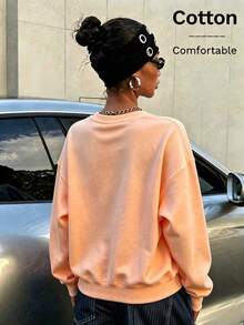 Women's Vintage 1976 Cassette Print Long Sleeve Pullover Sweatshirt, Casual Drop Shoulder Round Neck Top,  Fall Outfit - Hami Melon Orange - View 4
