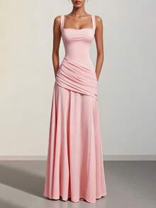 Women's Elegant Pink Square Neck Sleeveless Ruched Drop Waist Flowy A-Line Maxi Dress For Evening Party Wedding Guest Chic - Pink - View 2