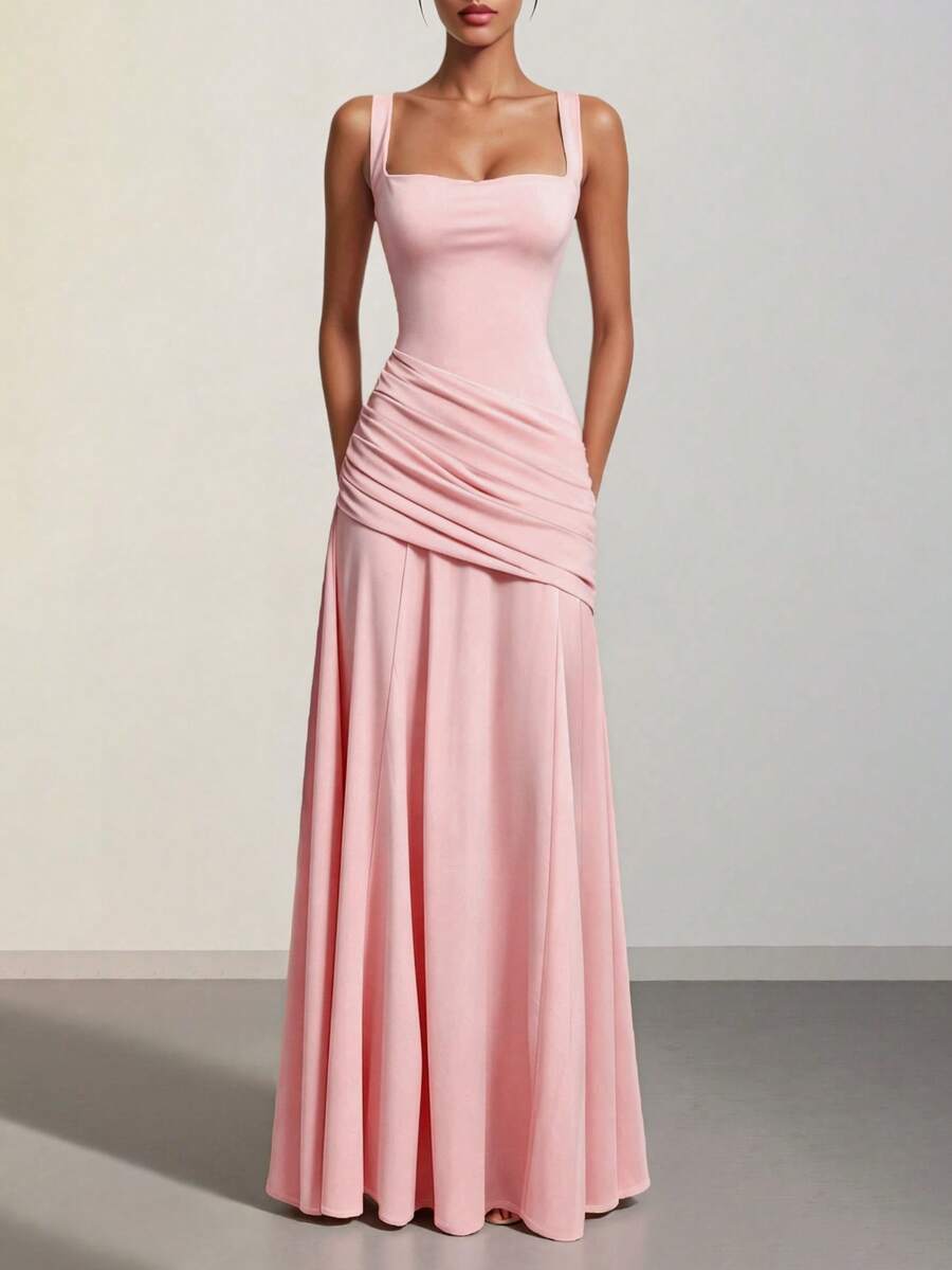 Women's Elegant Pink Square Neck Sleeveless Ruched Drop Waist Flowy A-Line Maxi Dress For Evening Party Wedding Guest Chic
