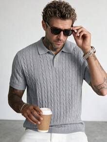 Men's Twisted Floral Pattern Polo Collar Slim Fit Short Sleeve Sweater - Grey - View 2