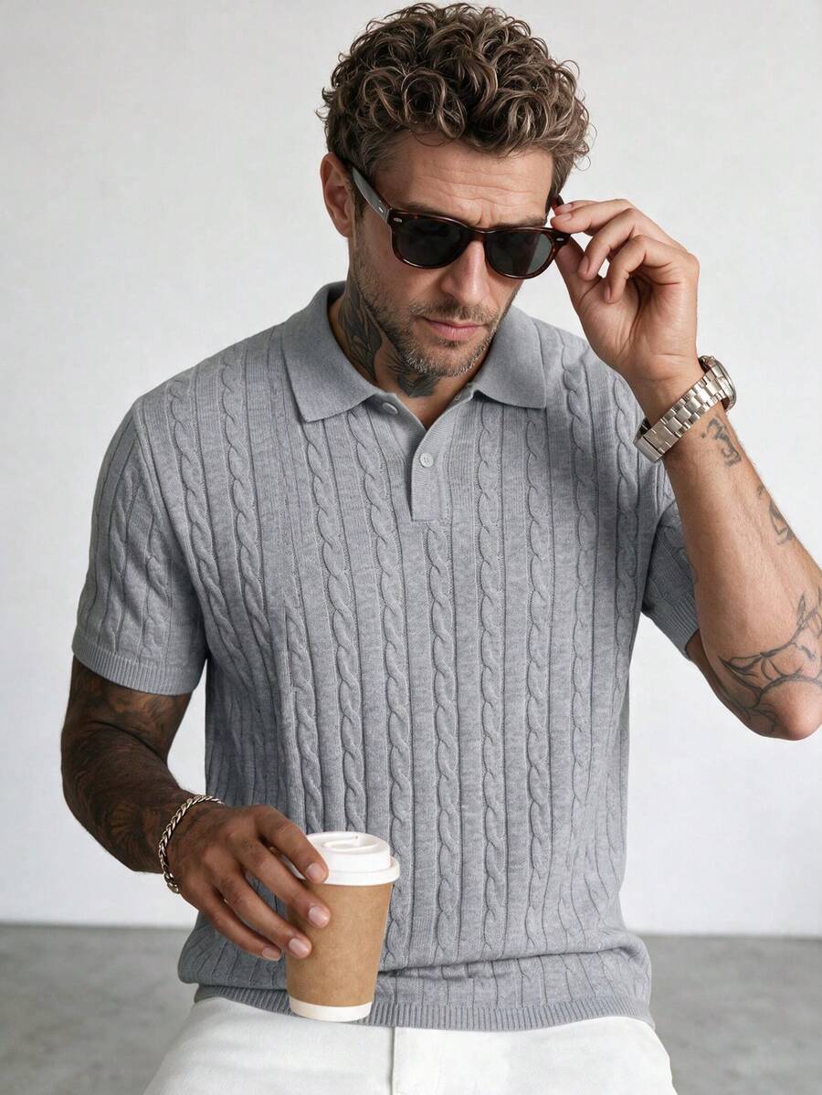 Men's Twisted Floral Pattern Polo Collar Slim Fit Short Sleeve Sweater