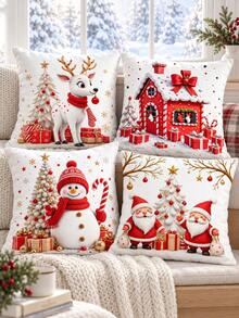 shangxia 4PCS--White Background Cartoon Winter Throw Pillow Covers, Red Clothes Old Man Red House Deer Snowman Sofa Decorative Cushion Covers--(Pillow Inserts Not Included)-- (Multiple Sizes) - Multicolor - View 1