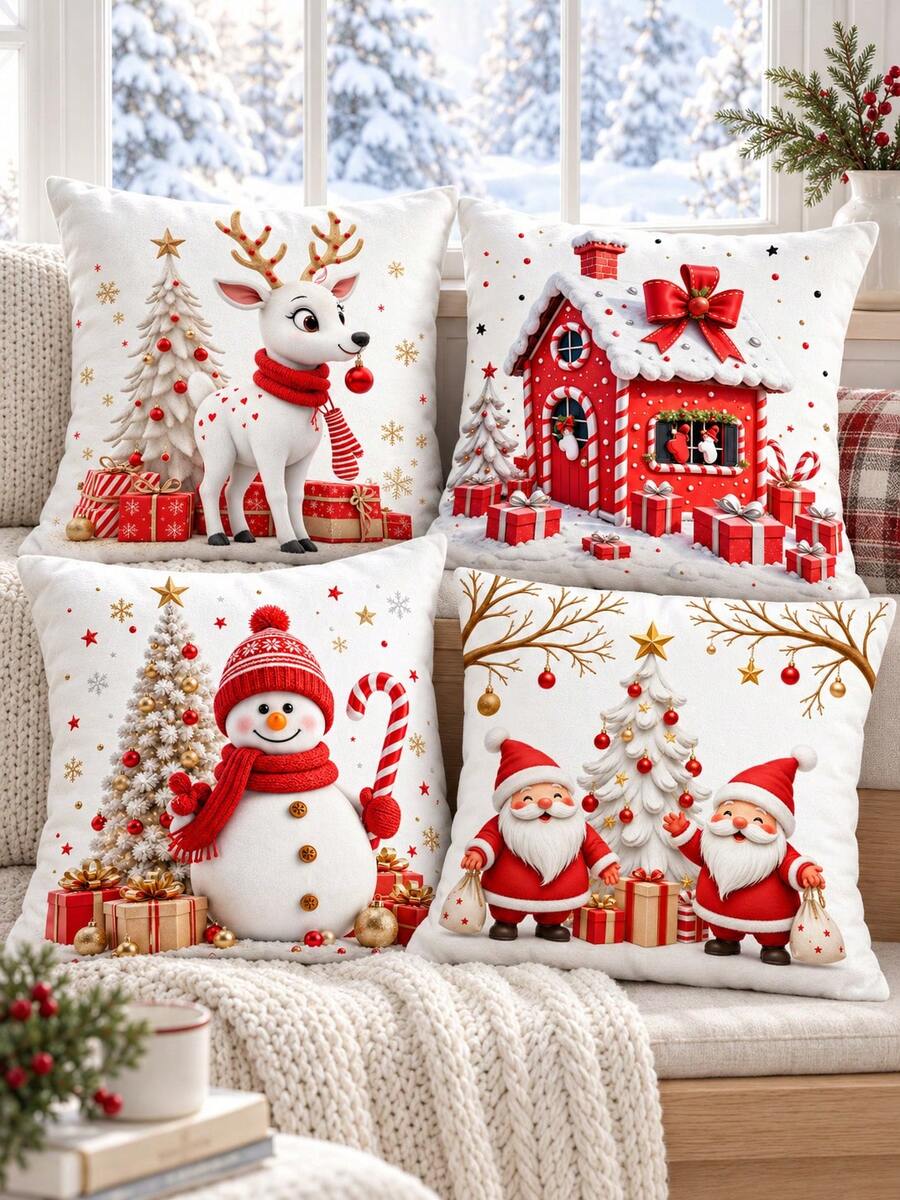 shangxia 4PCS--White Background Cartoon Winter Throw Pillow Covers, Red Clothes Old Man Red House Deer Snowman Sofa Decorative Cushion Covers--(Pillow Inserts Not Included)-- (Multiple Sizes) - Multicolor - View 1