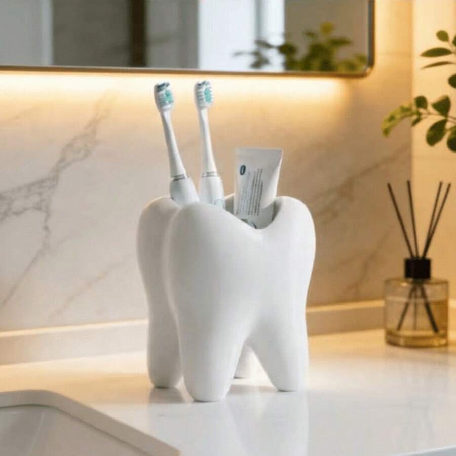 Cartoon Big White Tooth Multi-Function Storage Bucket, Bathroom Sink Toiletries Organizer Rack, Office Desk Stationery Holder, Niche Creative Dental Theme Decorative Ornament