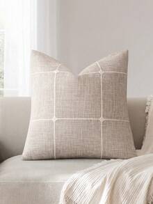 1pc Beige Decorative Faux Linen Jacquard Plaid Throw Pillow Cover, Farmhouse Style Cushion Cover With Grid Texture Decor, Suitable For Sofa, Living Room Home Decor, All Season - Beige - View 12