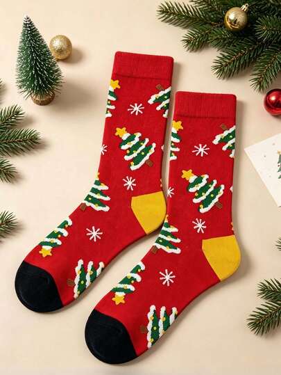 1 Pair Men's Mid-Calf Socks, Bright Red Christmas Tree Snowflake Fun Socks, Autumn/Winter Christmas Halloween Holiday Star Pine Tree Snowflake Pattern Socks, Warm Breathable Festive Atmosphere Men's Autumn/Winter Long Socks, Christmas Halloween Party Gathering Daily Commute Winter Outfit, Creative Holiday Gift For Men Women Couples