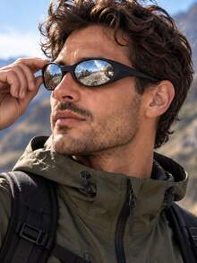 Men's Fashion Glasses, Black Wrapped Oval Narrow Frame, Silver Mirrored Lens, Streamlined Face-Hugging Design, Y2K Techwear Style, Streetwear Outfit - Multicolor - View 2