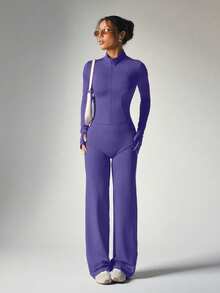 2pcs Set Purple Zipper Fitted Long Sleeve Top + Flowy Wide Leg Pants Yoga Outfit - Violet Purple - View 8