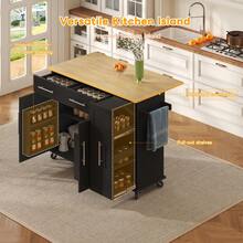 Kitchen Island With Drop Leaf, Storage Trolley With 3-Tier Pull-Out Cabinet Organizer, Internal Storage Rack, Rolling Cart With Towel Holder & 2 Drawers Dining Room, Black - Black+Natural + MDF - View 2