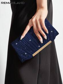 REMANLAND Luxury Charming Shiny Metallic Patchwork Envelope Clutch, Magnetic Closure Elegant Fashionable Evening Bag, Chain Bag For Women's Birthday Party And Wedding Dance - Navy Blue - View 2