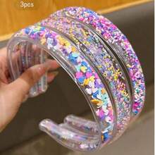 3pcs Random Color Sequin Liquid Glitter Transparent Headband Hair Accessory With Teeth Non-Slip Hair Grip Daily Hair Accessory - Multicolor - View 5