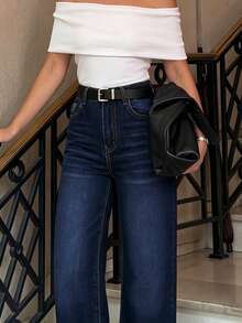 Women's Urban Casual Light Wash Straight Leg Denim Jeans, Extra Long With Pockets, Mid-Stretch Fabric - Deep Blue - View 5