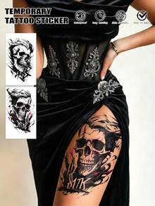 2pcs Fashionable Cool Tattoo Stickers, Semi-Permanent Botanical Temporary Tattoo, Disposable Tattoo, Couple Tattoo, Skull & Letter Pattern Tattoo Stickers, Waterproof Non-Reflective Easy To Use, Very Realistic, Suitable For Women Or Men Chest, Waist, Abdomen, Legs, Arms, Lasts 2-5 Days, Suitable For Party, Performance, Travel And Other Occasions - Black - View 1