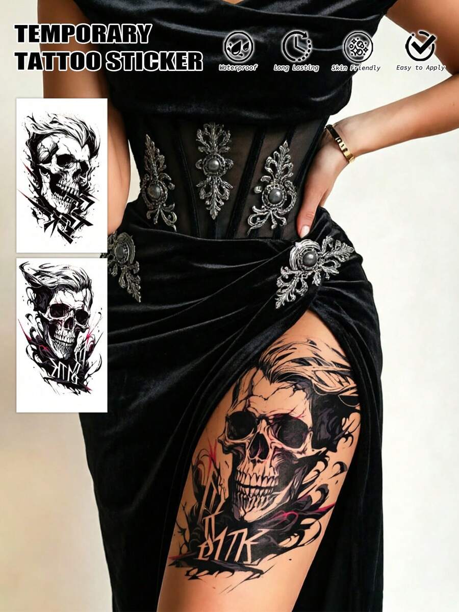 2pcs Fashionable Cool Tattoo Stickers, Semi-Permanent Botanical Temporary Tattoo, Disposable Tattoo, Couple Tattoo, Skull & Letter Pattern Tattoo Stickers, Waterproof Non-Reflective Easy To Use, Very Realistic, Suitable For Women Or Men Chest, Waist, Abdomen, Legs, Arms, Lasts 2-5 Days, Suitable For Party, Performance, Travel And Other Occasions - Black - View 1