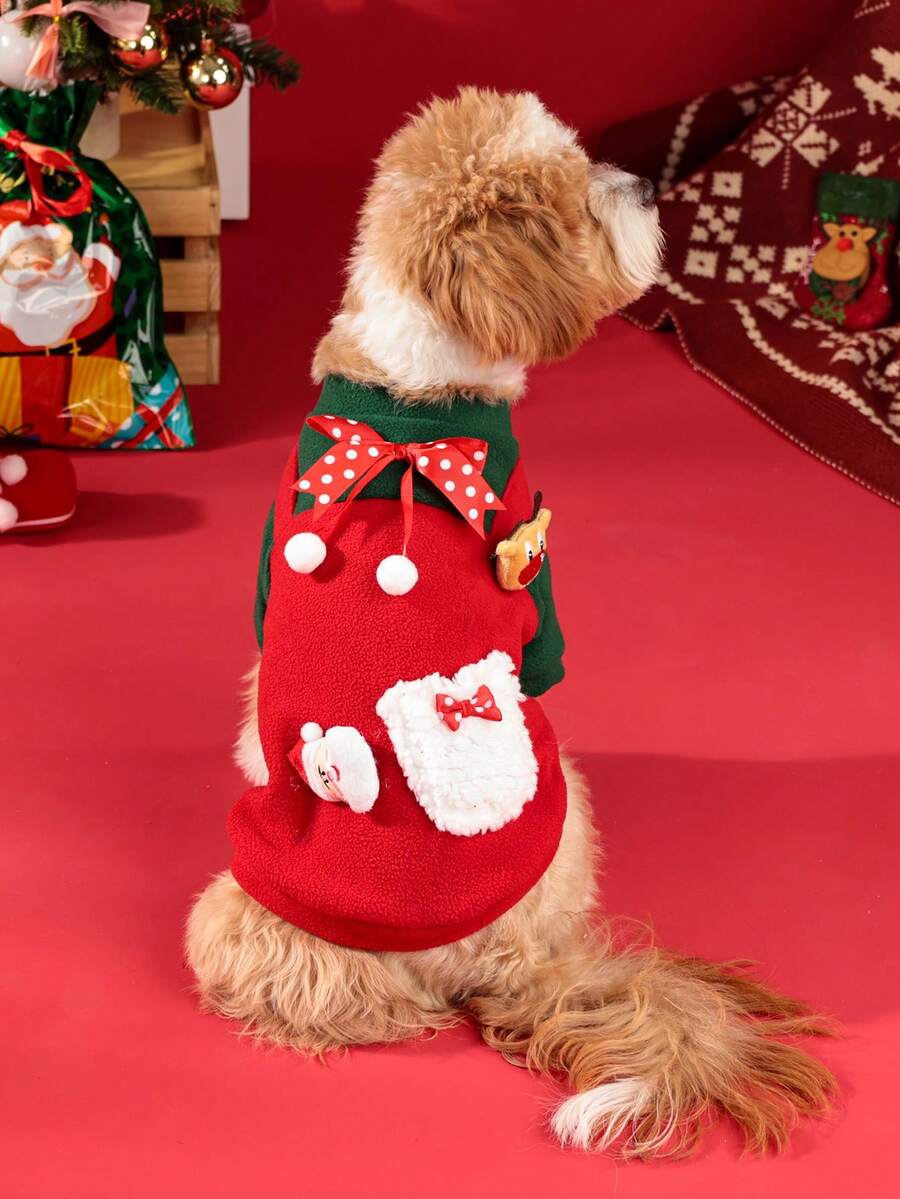 1pc Polyester Warm Christmas Theme Red Color Pet Sweater With Cute Pocket And Santa Claus Bow, Suitable For Small Cats And Dogs, Home And Outdoor Wear