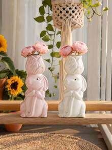 1pc Cartoon Ceramic Rabbit Vase, Cute Handmade Ceramic Craft. Sweet And Warm Decoration For Desk, Home, Bedroom, Hotel, Restaurant And Wedding. Perfect For Easter Display, Also Great Gift For Holidays, Souvenirs, Back To School And Loved Ones. - Vase - View 4