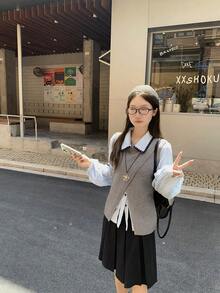 Casual Textured Contrast Design Blue Shirt Women Vintage Lantern Sleeve Turn Collar Blouse Autumn - Light Wash - View 6