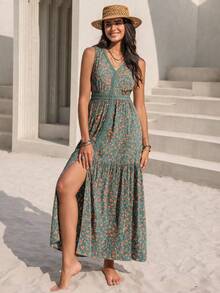 Rusttydustty Sleeveless Casual Vacation Dress With Lace Collar, Suitable For Bohemian, Beach, Tropical Resort Occasions Elegant Summer - Green - View 2