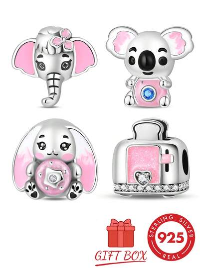 1pc S925 Sterling Silver Pink Cute Hollow Bead, Bow Elephant, Camera Koala, Donut Rabbit, Rhinestone Toaster, Soft Pink Enamel With Colorful Zirconia, Comes With Gift Box, Suitable For Bracelet Necklace, Handmade DIY Jewelry, Cute Girl Style Holiday Gift Accessory