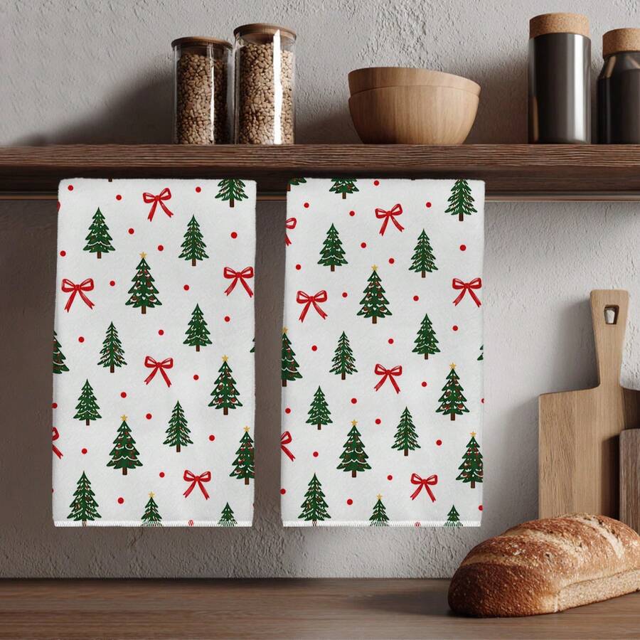 2pcs Minimalist Christmas Tree & Red Bow Polka Dot Pattern Kitchen Towels, 40*60cm Soft Microfiber Tea Towels, Suitable For Home Kitchen Restaurant Outdoor Camping Tabletop Cleaning Dish Cloth Hand Towel Accessories, Winter Christmas Theme Kitchen Towels Holiday Gift - Multicolor - View 1