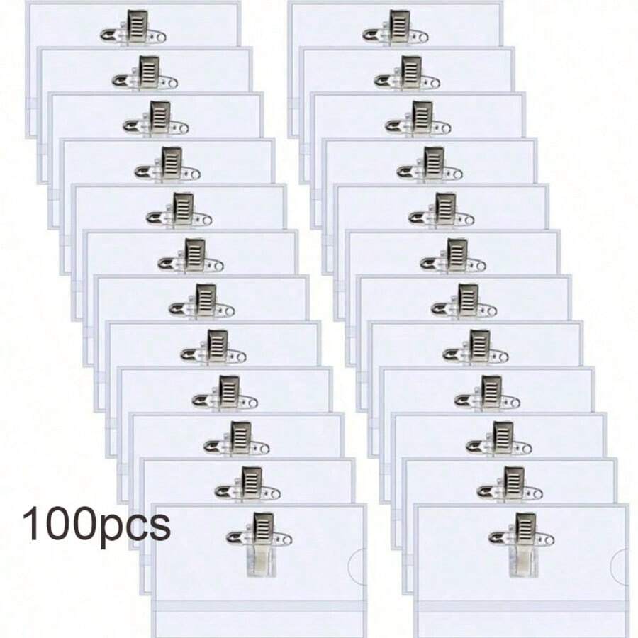 100/50/36/24/10/5/2pcs Fun Name Badge Clips & Pins (9 X 5.6cm) – Transparent Plastic Horizontal ID Badge Holders, Suitable For Office, School And Conferences; Durable PVC Material, With Clip/Pin Combination Attachment And Reinforced Badge Holder. - A - View 1