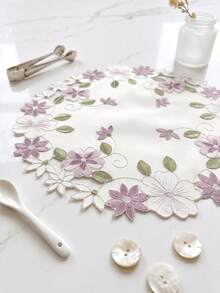 1pc Round Floral Embroidered Placemat, Blue/Pink Hollow Flower Embroidery Table Mat, Suitable For Wedding, Party, Dining Table And Home Decor - Pink - View 4