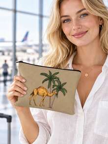 Date Palm Tree Camel Print Makeup Bag, Portable Zipper Cosmetic Pouch, Desert Style Travel Toiletry Storage Bag For Women,Middle Eastern Style,Boho Desert Pattern,Arabic Style, Lightweight, Multi‑Purpose, Gift For Her, Daily Cosmetic Storage - Multicolor - View 6
