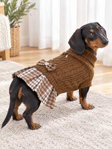 Dachshund High Neck Dog Sweater Dress, Classic Cable Knit Sausage Dog Sweater Dress With Bow Knot, Soft Elastic Warm Winter Dachshund Clothes, Suitable For Dackel Teckel Dogs - Brown - View 1