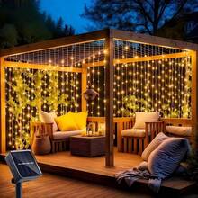 Solar Fairy Curtain Lights, 300/200/100 LED Outdoor Smart Light Strings, 8 Flashing Modes, Light Sensor, Suitable For Gardens, Yards, Weddings, Parties, Balconies, Porches - Solar Powered Curtain Lights - View 9