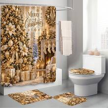 1pc/4pcs Gold Christmas Tree Pattern Multifunctional Bathroom Decor Shower Curtain Set Free 12 Hooks Premium Holiday Atmosphere Bathroom Mat U-Shaped Floor Mat And Round Toilet Lid Cover Suitable For All Scenes Decoration Bathroom Set - Gold Christmas Tree 6 - View 9
