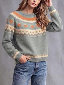 Pumpkin Fair Isle Knit Sweater, Round Neck Drop Shoulder Long Sleeve Vintage Loose Casual Women's Pullover, Halloween Autumn Holiday Party Outfit - Grey - View 4