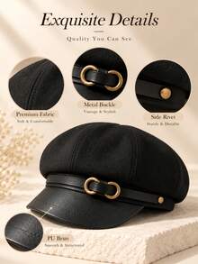 1pc Women's Vintage Newsboy Cap With Metal Buckle, Octagonal Beret, Autumn/Winter Daily Street Casual Flat Cap - Flat Top - View 7