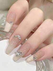 24pcs Short Coffin Shape Press-On Nails, White Gradient Floral Rhinestone Heart Design, Japanese Style Full Coverage, Suitable For Party, Prom And Daily Wear - Multicolor - View 2