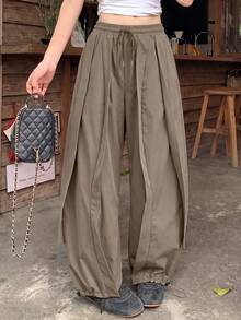 UREREM Women's Woven Fabric Wide Leg Pants, Ruffle Hem, Fashion Loose Design, 170g Woven Fabric - Brown - View 3